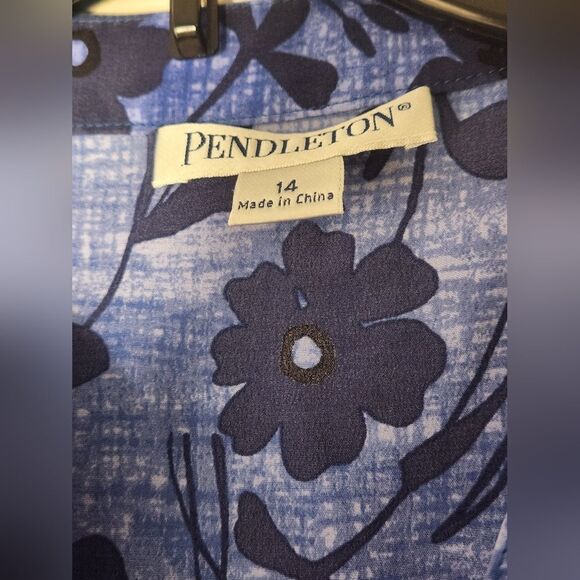 Pendleton 14 Blue Floral 100% SILK Ruffle V Neck Shrtslv Women's Blouse - Picture 3 of 8